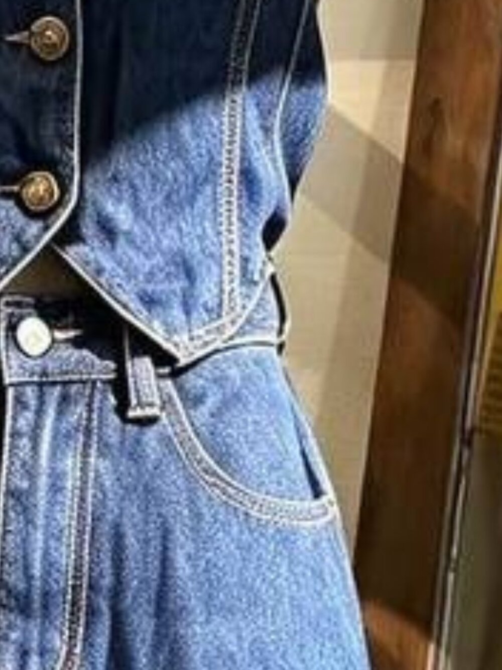 Denim Halter Midi Dress Button Front Tie Waist Sleeveless Casual Dress - Picture 5 of 5